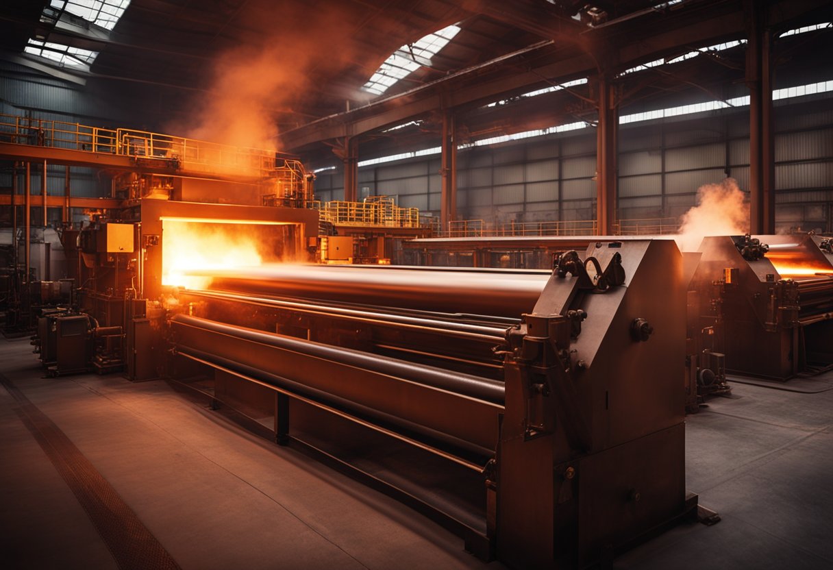 The rolling mill furnaces are ablaze with intense heat, glowing red and emitting waves of heat. The machinery hums and clanks as it shapes the molten metal into sheets and bars