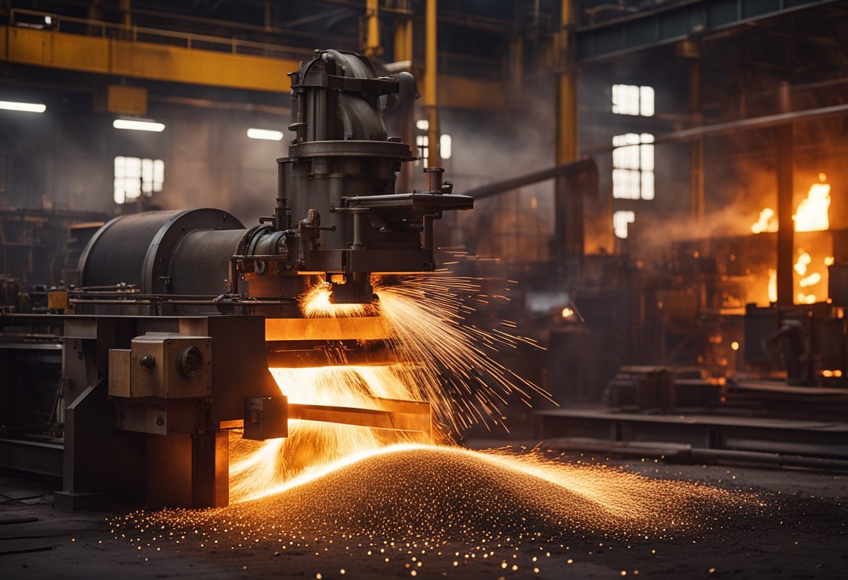 The rolling mill furnace is ablaze with intense heat, casting a warm glow across the industrial setting. Molten metal flows through the machinery, creating a mesmerizing display of light and movement