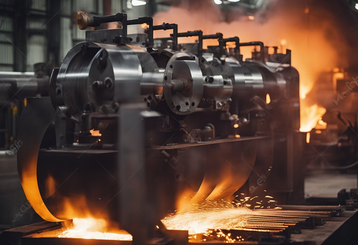 A rolling mill furnace heats and shapes metal with intense flames and glowing heat