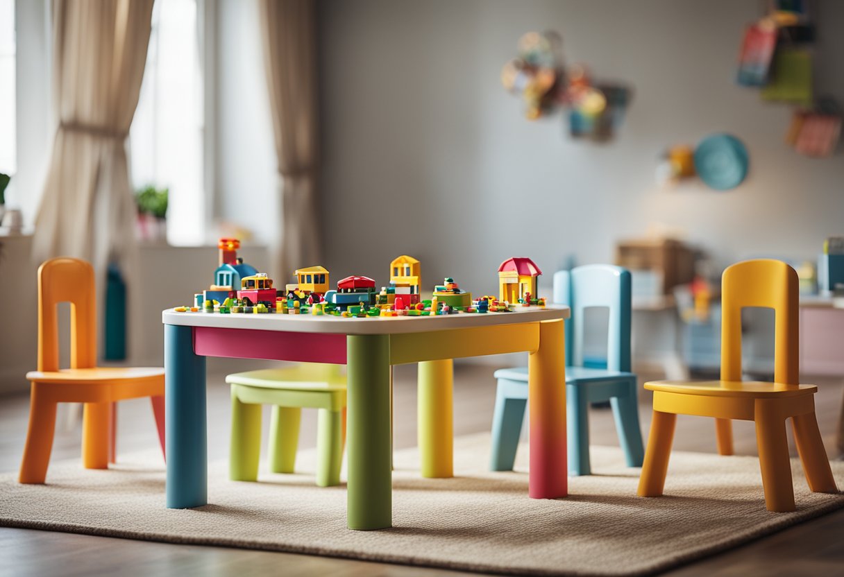 A small, colorful play table and chairs set in a bright, spacious room with toys scattered around