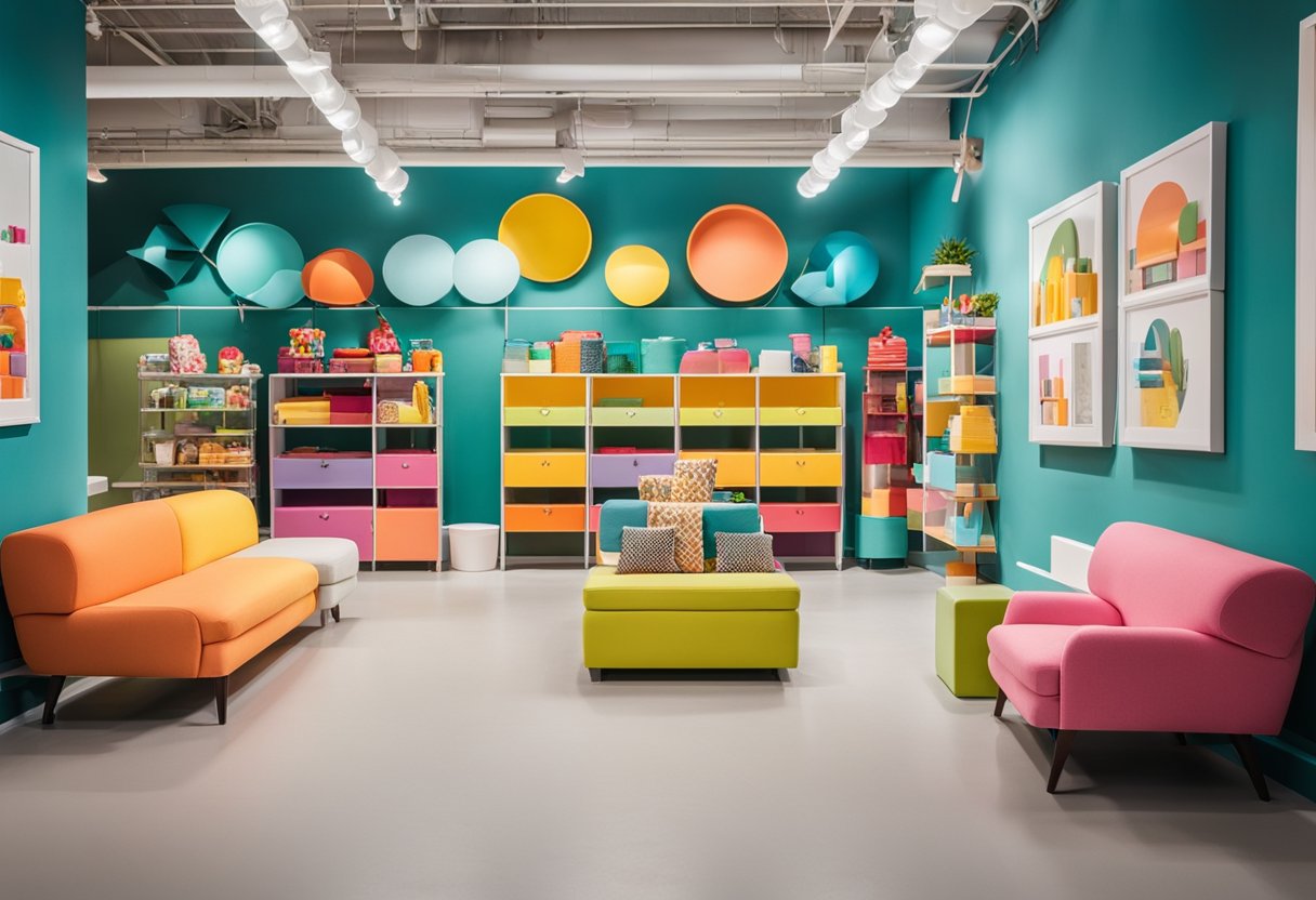 A bright and colorful showroom with a variety of toddler-sized furniture, including small tables, chairs, and storage units. Brightly colored walls and playful decor add to the inviting atmosphere