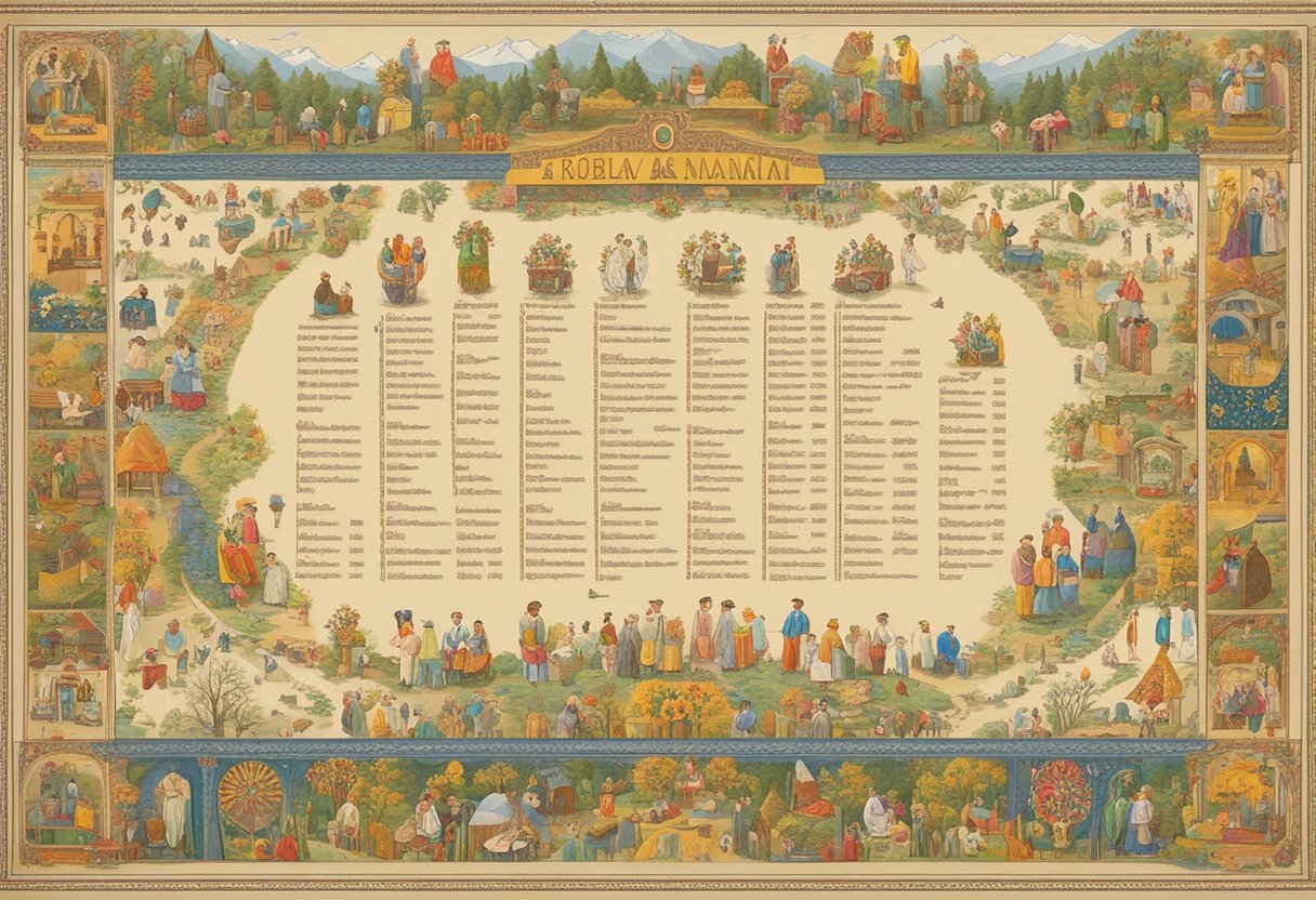 A colorful array of Romanian baby names displayed on a vintage scroll, surrounded by traditional Romanian folk art motifs