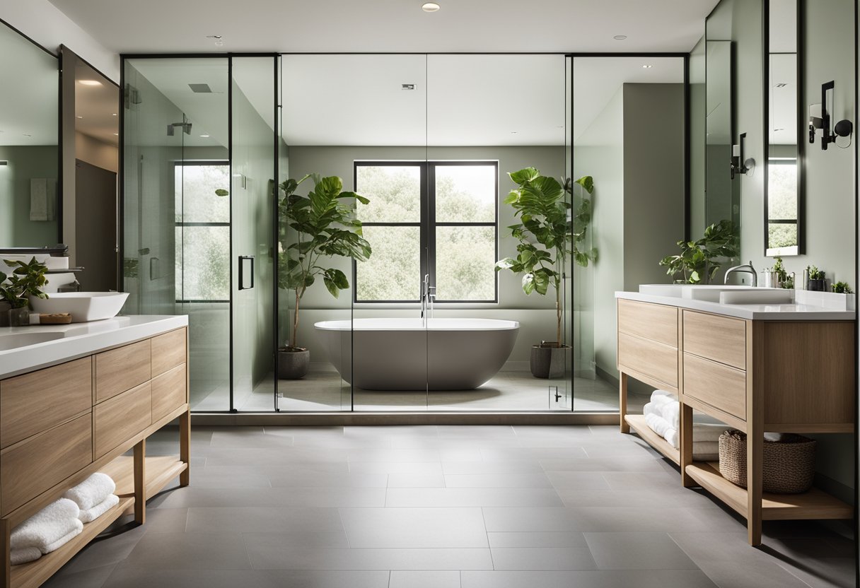 A spacious, modern bathroom with a freestanding tub, double vanity, and a large walk-in shower with sleek, glass doors. The color scheme is calming and neutral, with pops of greenery and natural light streaming in