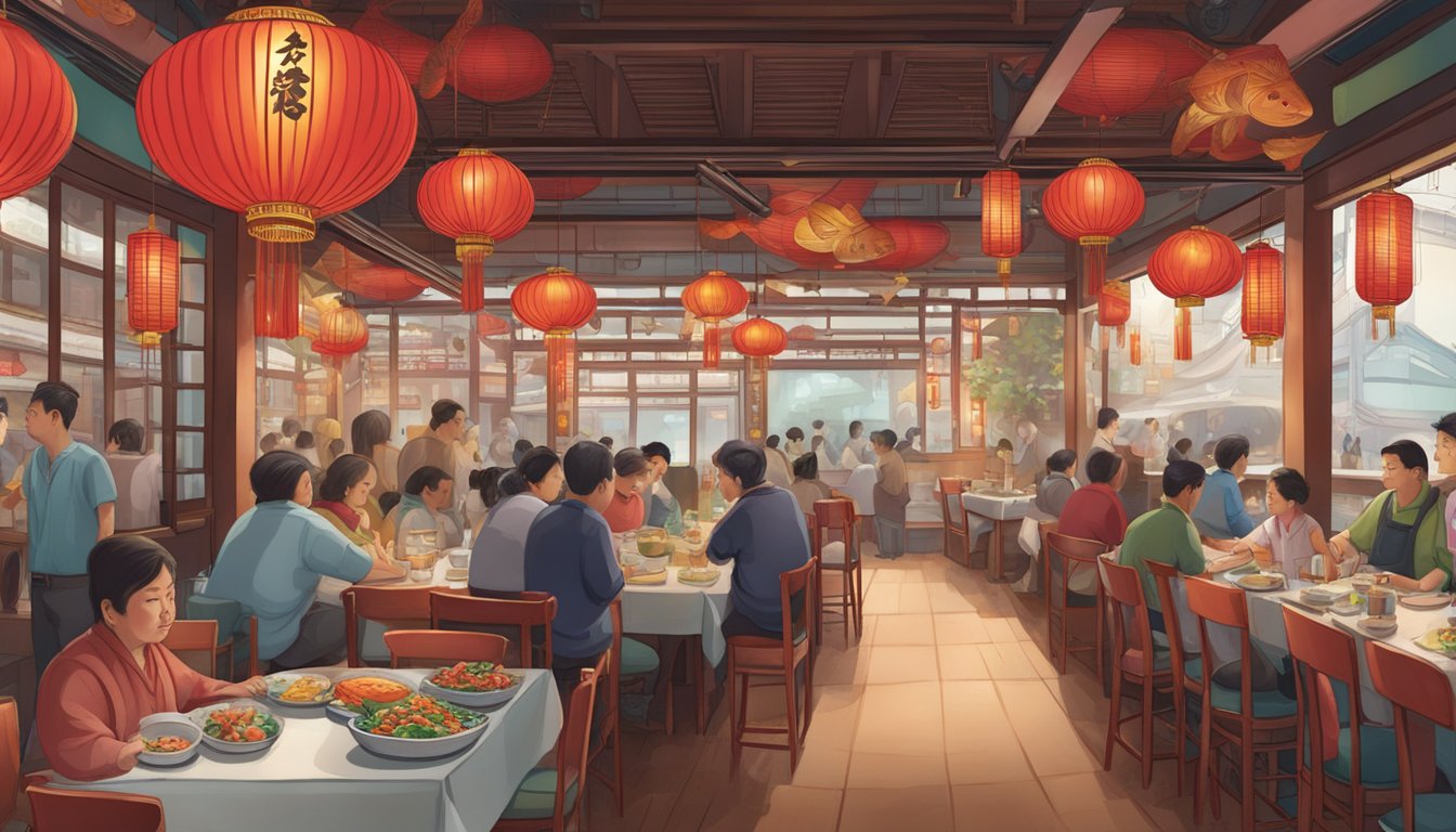 A bustling Chinatown seafood restaurant with hanging red lanterns, steaming woks, and colorful fish tanks
