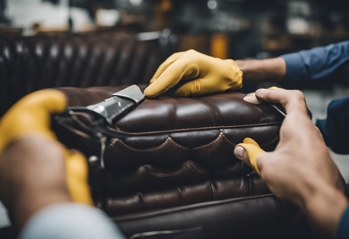 A professional leather repair specialist in Singapore carefully restores a worn-out leather sofa, using specialized tools and techniques to bring back its original beauty