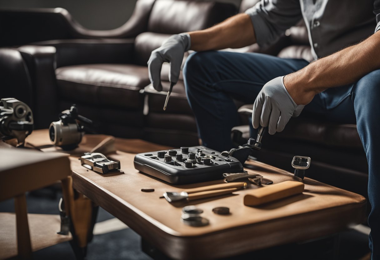 A leather sofa with visible wear and tear, a repair kit and tools nearby, and a person working on fixing the damaged areas