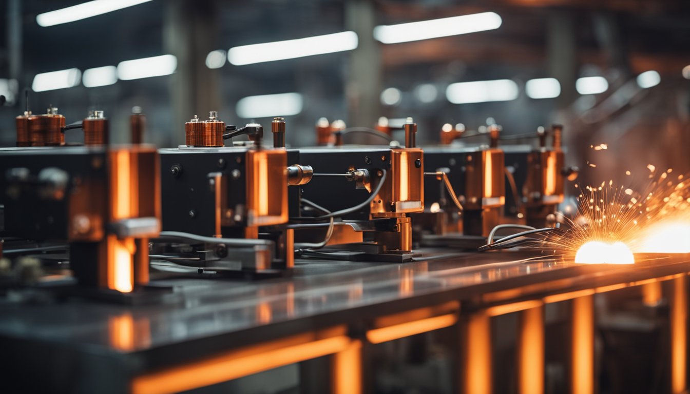 A row of wire annealing furnaces glowing red with heat, surrounded by industrial machinery and tools