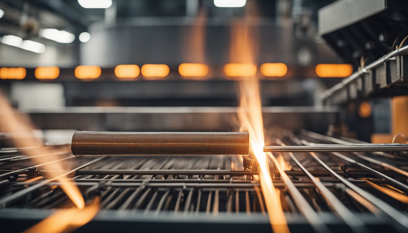 A wire annealing furnace heats metal wires in a controlled environment, with a conveyor belt moving the wires through the furnace