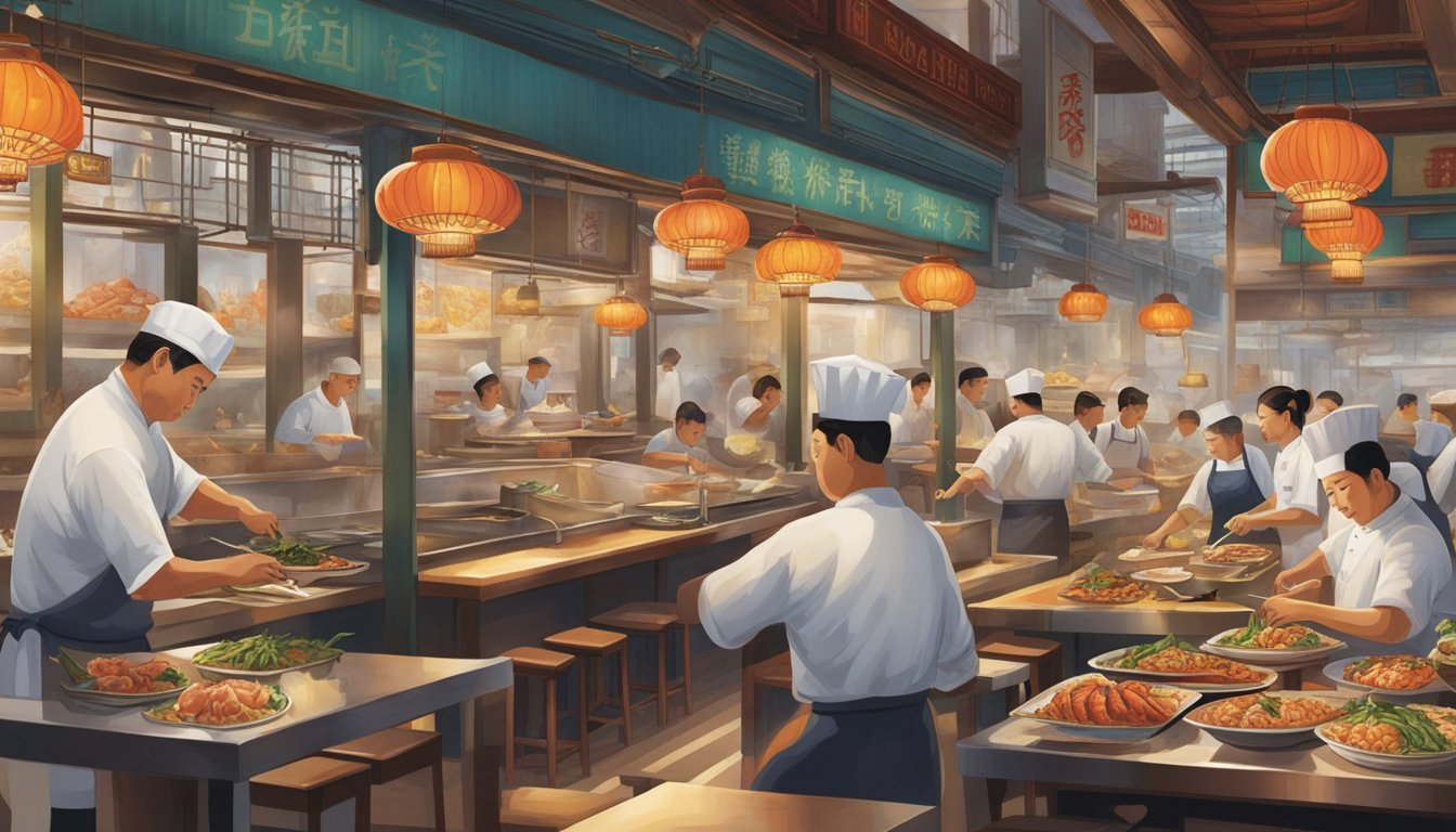 Customers enjoy fresh seafood dishes at a bustling Chinatown restaurant. The aroma of sizzling stir-fries fills the air as chefs work behind the open kitchen