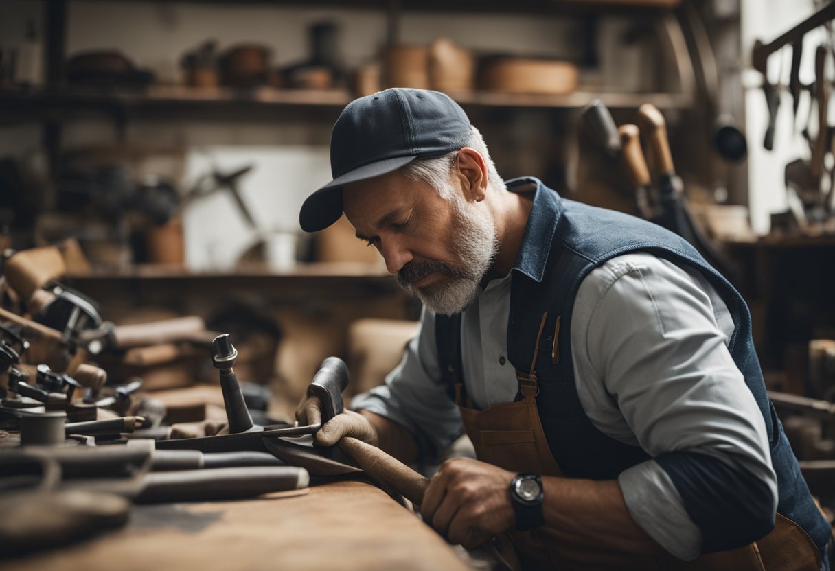 A skilled upholsterer meticulously restores a worn leather sofa, surrounded by various tools and materials in a well-lit workshop