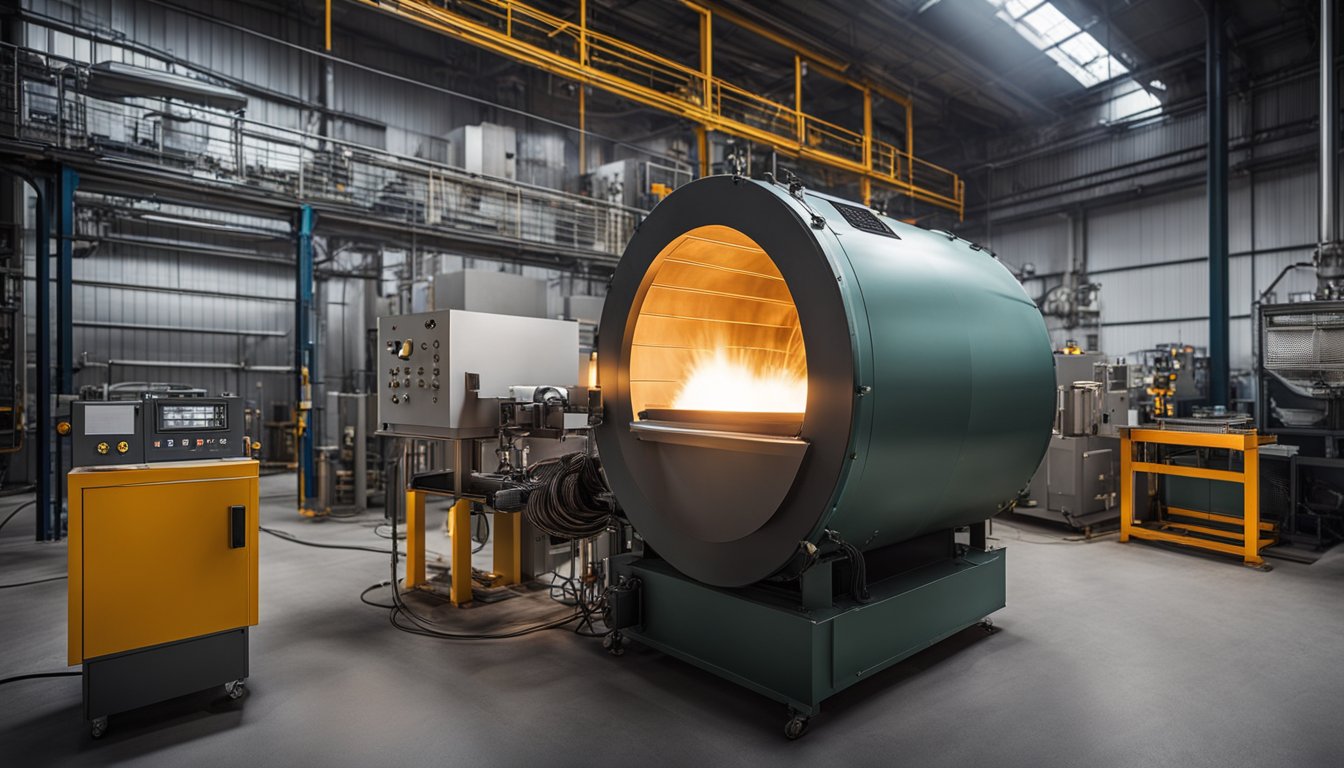 A wire annealing furnace heats metal wires inside a cylindrical chamber with high temperatures and controlled atmosphere