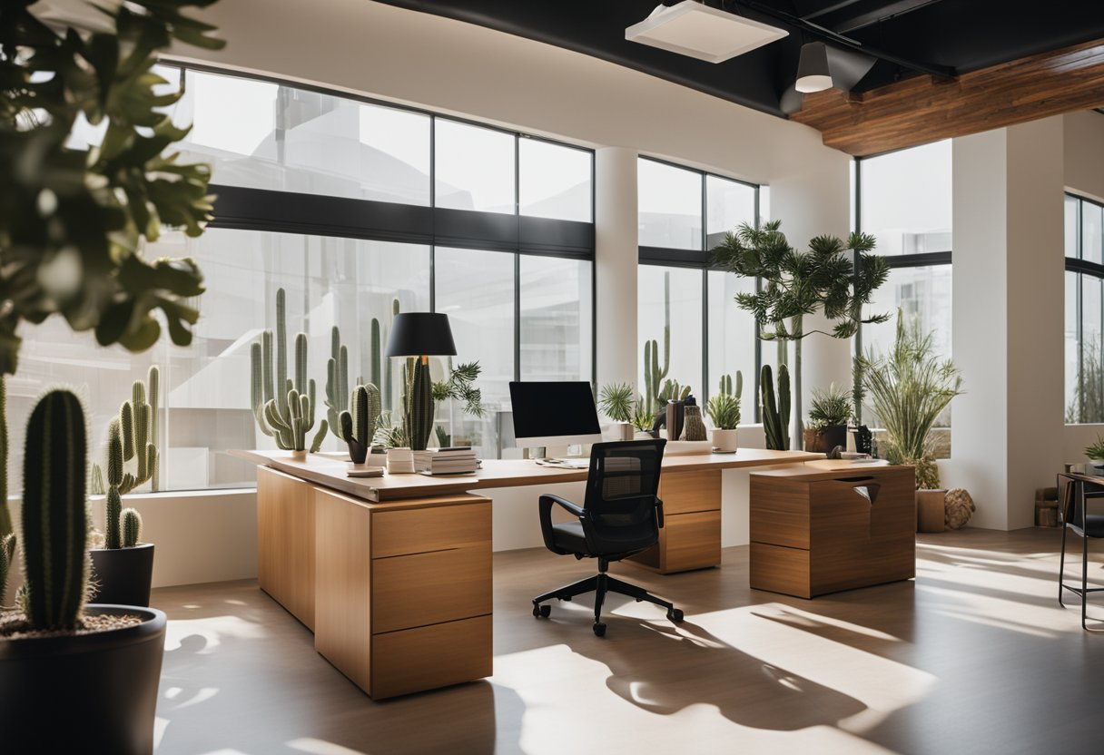 An open-concept office with modern furniture and desert-inspired decor. Large windows provide natural light, and cacti adorn the space