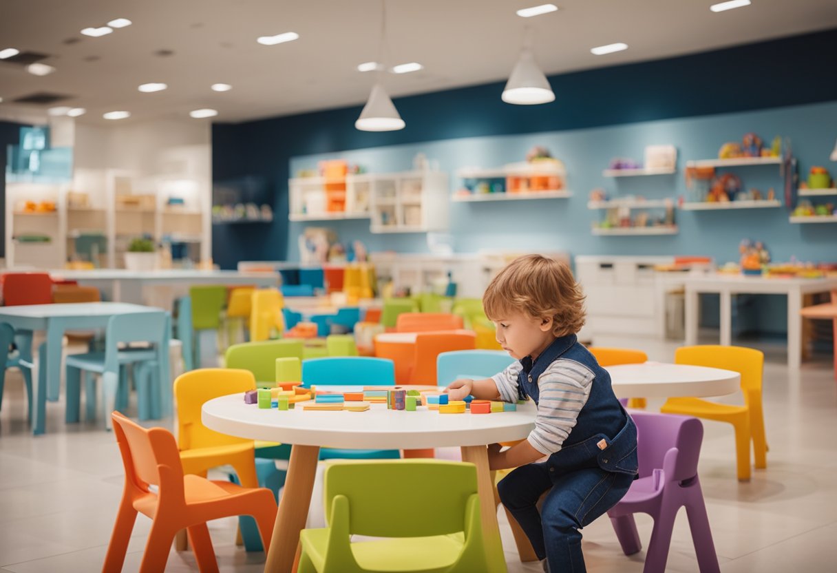 A child carefully selects a colorful chair and table set, surrounded by a variety of child-friendly furniture options in a bright and inviting showroom