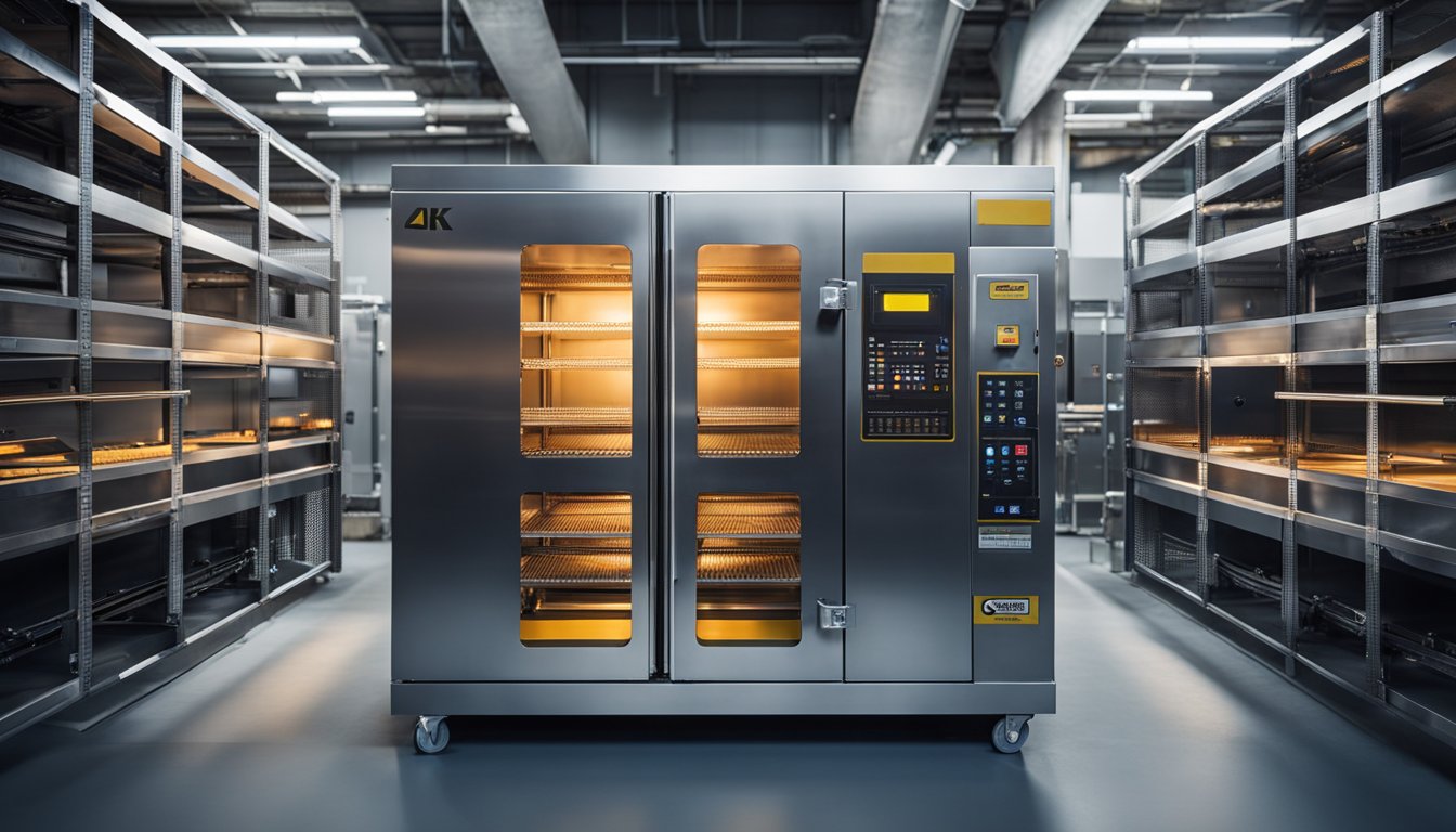 A large custom annealing oven with digital controls and multiple shelves, surrounded by safety barriers and warning signs