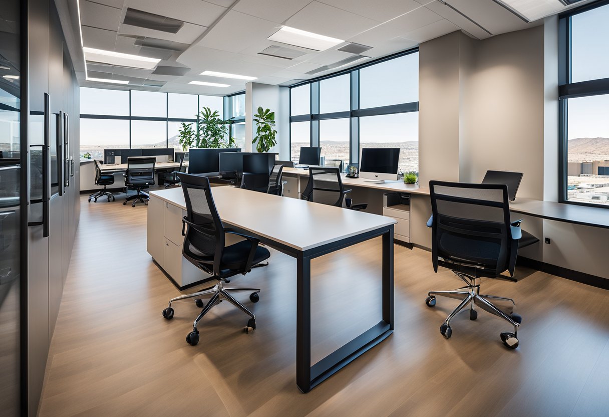 The Arizona office is modern with sleek furniture and large windows. The open layout promotes collaboration and creativity. A vibrant color scheme adds energy to the space
