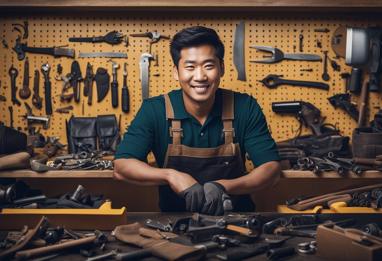 A leather repair technician working on a worn-out sofa, surrounded by various tools and materials, with a sign reading "Frequently Asked Questions leather furniture repair singapore" in the background