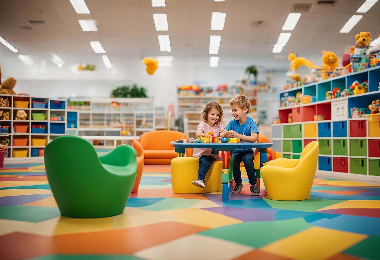A colorful playroom with child-sized tables and chairs, shelves filled with toys, and a friendly staff member assisting a parent with a purchase