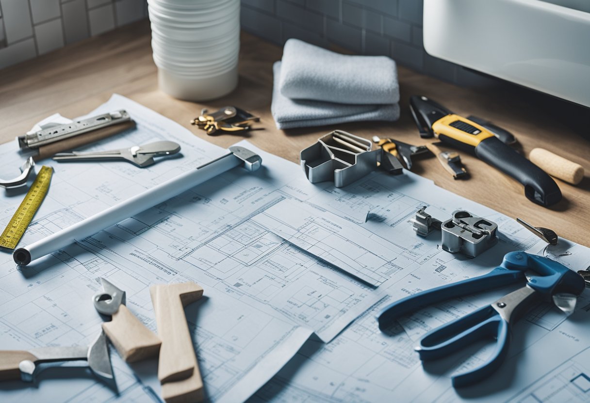 A bathroom being renovated with tools and materials scattered around. Blueprints and a "Frequently Asked Questions" guide are visible on a table