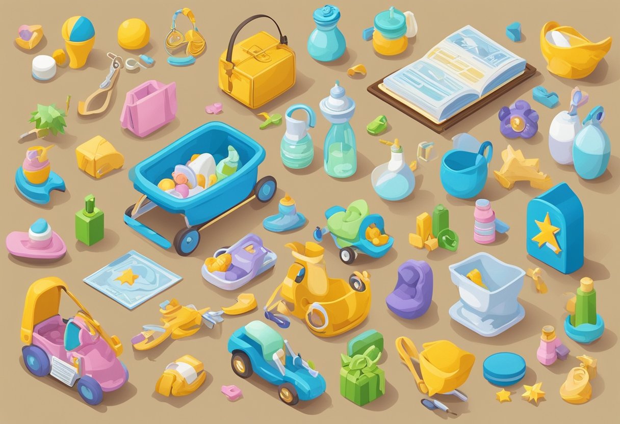 A colorful array of baby items and Romanian symbols fill the page, suggesting name ideas for a newborn