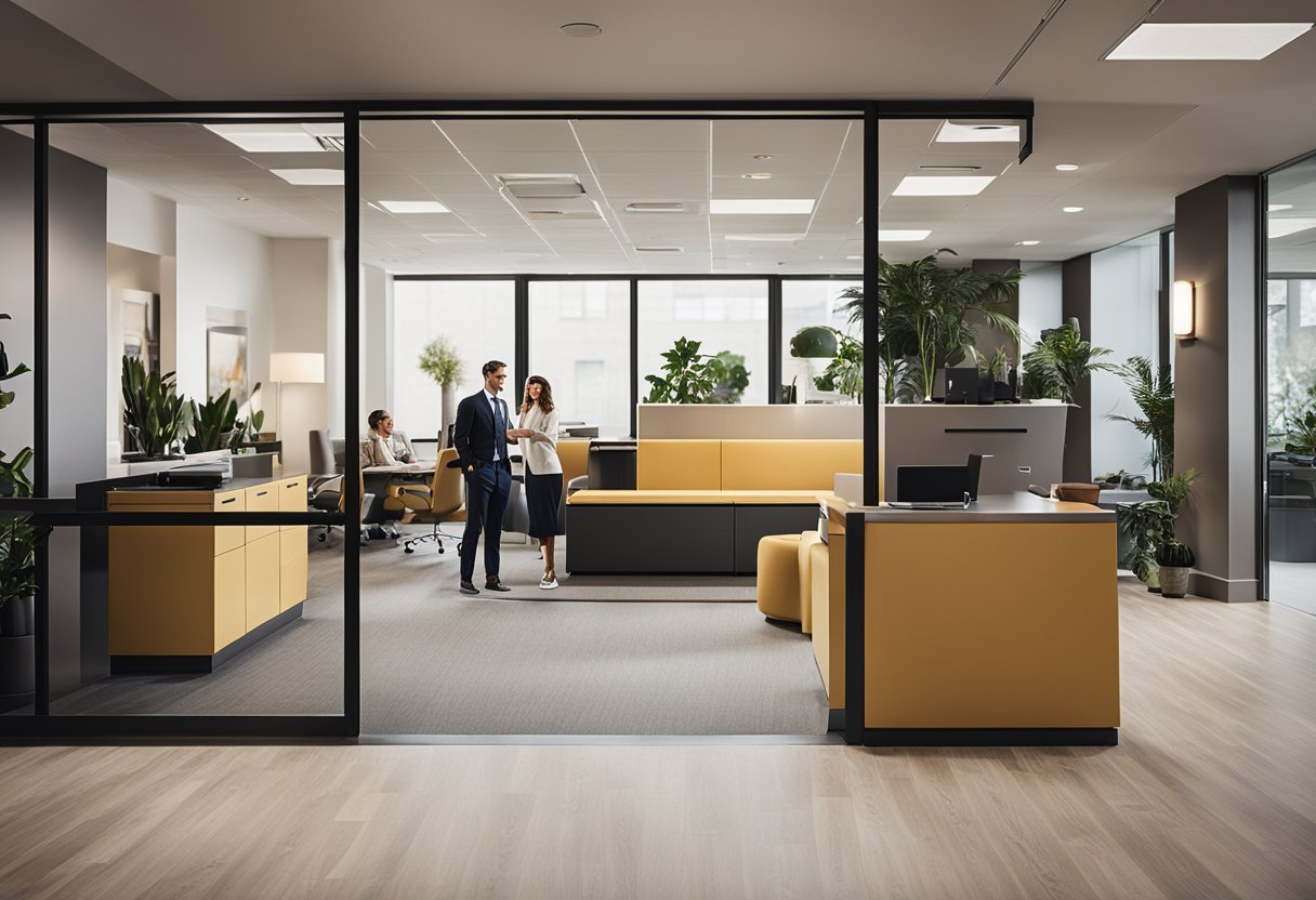 An office space with modern furniture, large windows, and Arizona-inspired decor. A reception desk with a FAQ sign, and people engaged in conversation