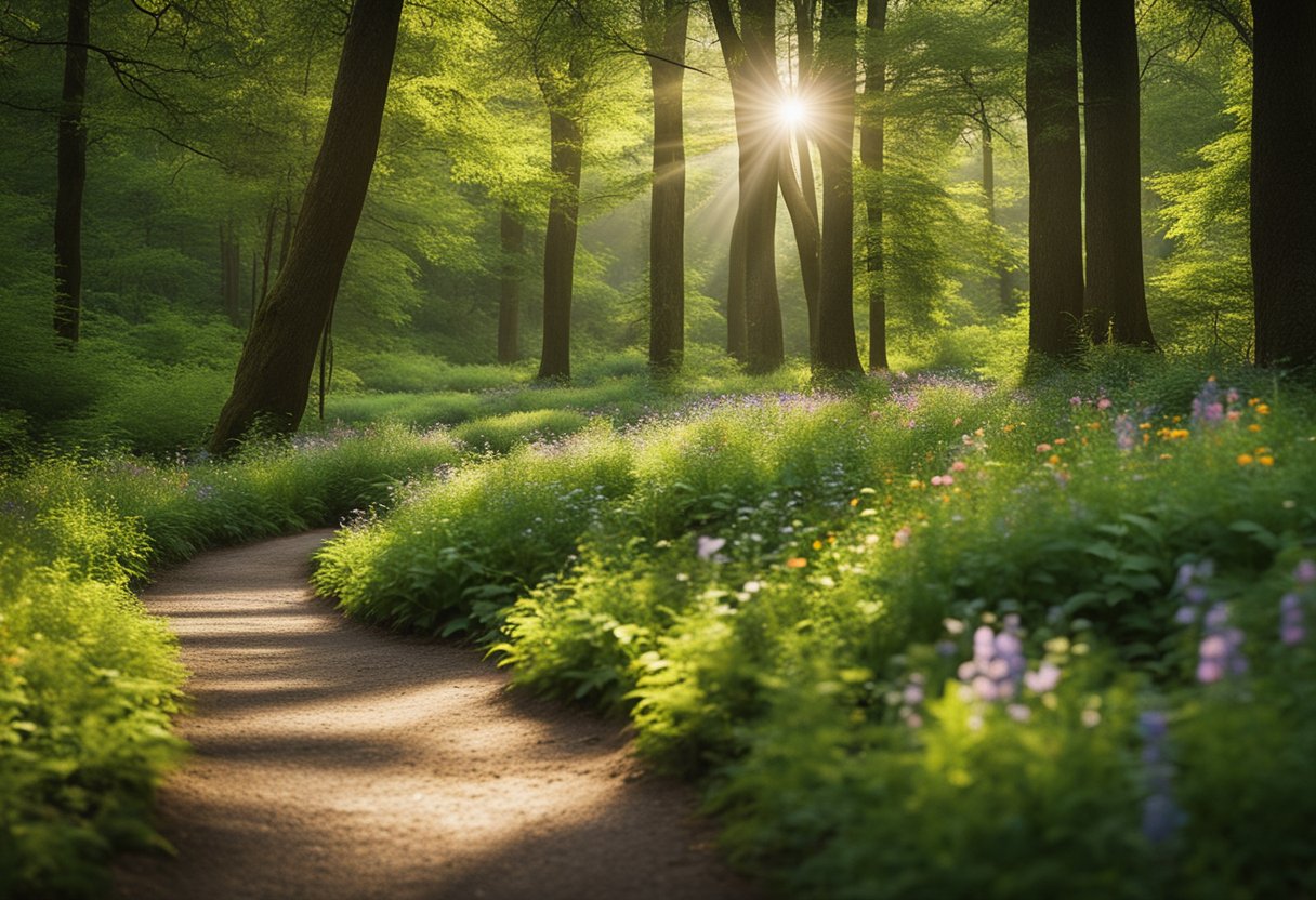 A winding path through a lush forest with sunlight filtering through the trees, leading to a peaceful clearing with a babbling brook and colorful wildflowers