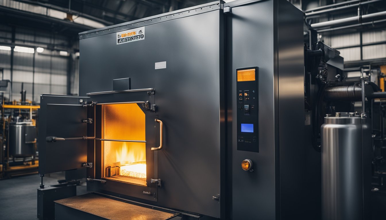 A pusher type reheating furnace with glowing hot metal inside, flames and heat radiating from the open door, industrial machinery and equipment surrounding it