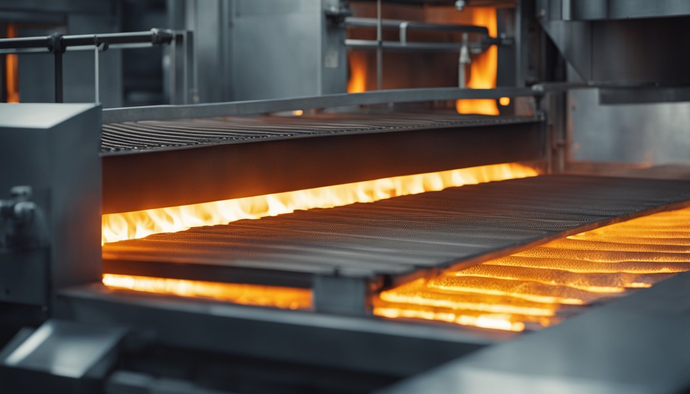 A pusher type reheating furnace with glowing hot metal ingots being pushed through the furnace on a conveyor belt. Flames and heat radiating from the furnace