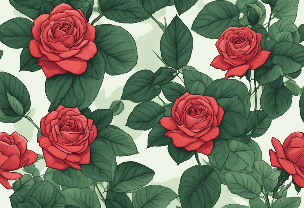 A single red rose blooms in a garden, surrounded by lush green leaves and delicate petals