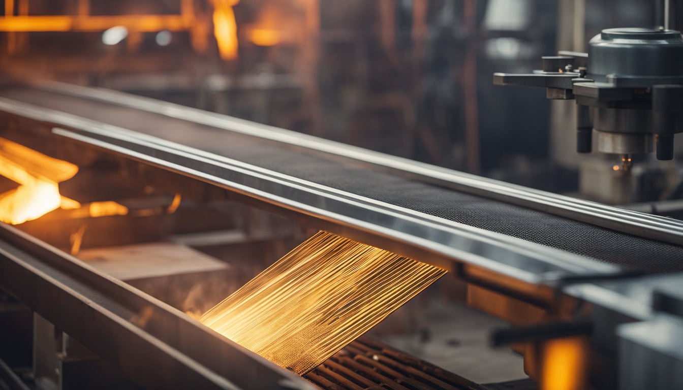 A pusher type reheating furnace with a conveyor system, heating elements, and a pusher mechanism moving steel billets through the furnace