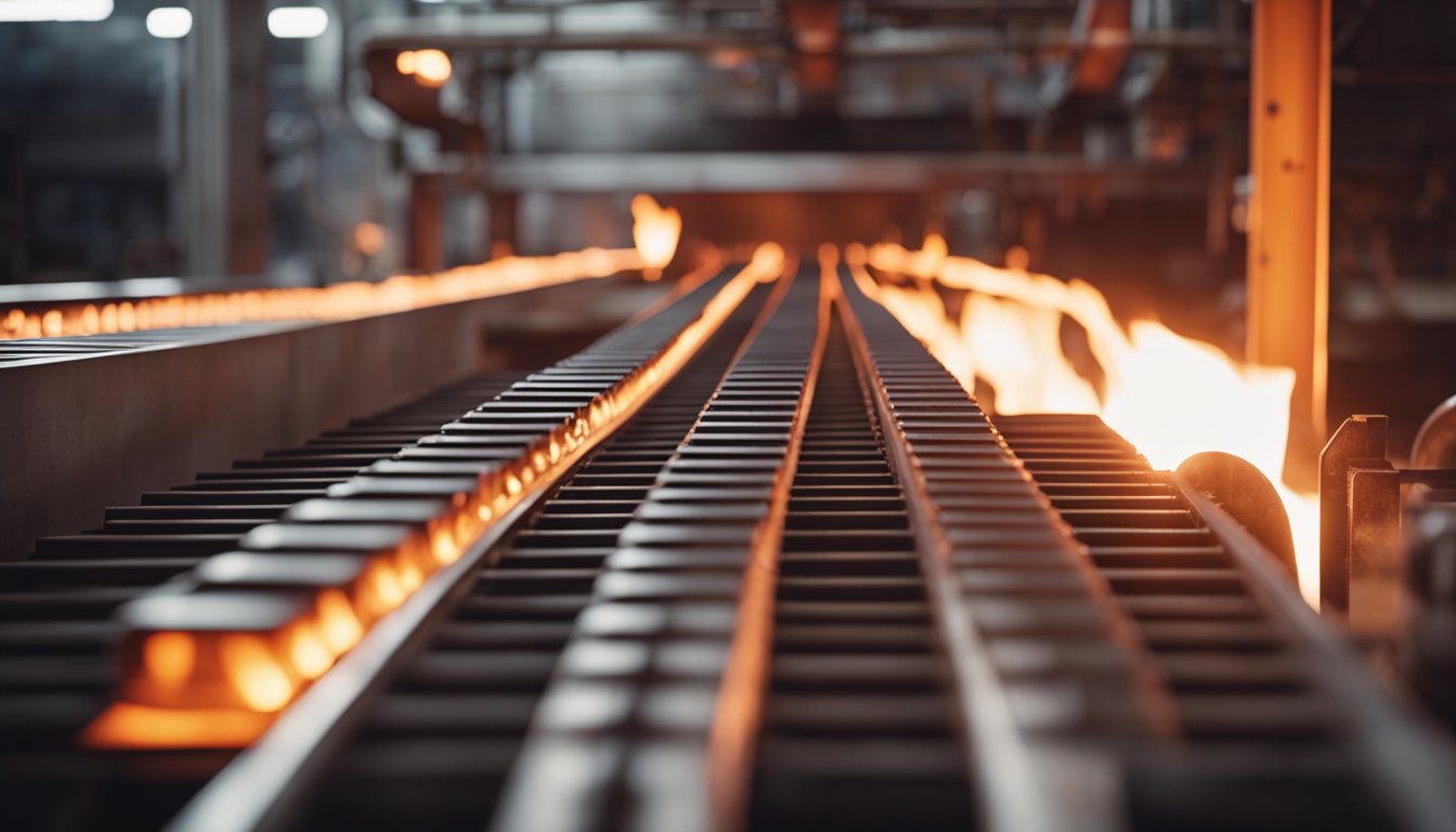 A red-hot metal bar moves through a pusher type reheating furnace, glowing and heating up as it progresses along the conveyor