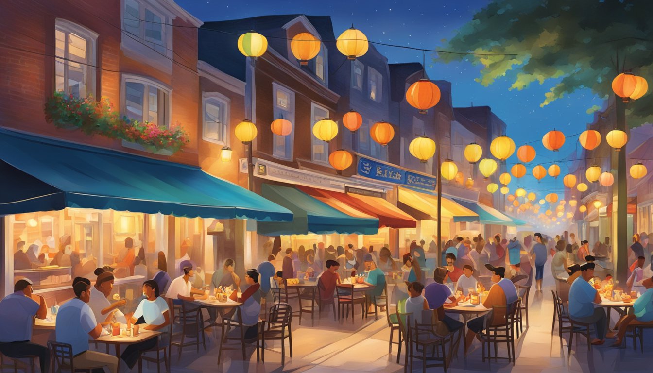 Customers enjoying fresh, steamed crabs at outdoor tables with colorful lanterns, surrounded by bustling streets and vibrant city lights