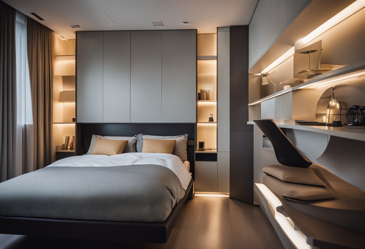 A loft bed stands in a minimalist Singapore bedroom, surrounded by sleek furniture and soft lighting