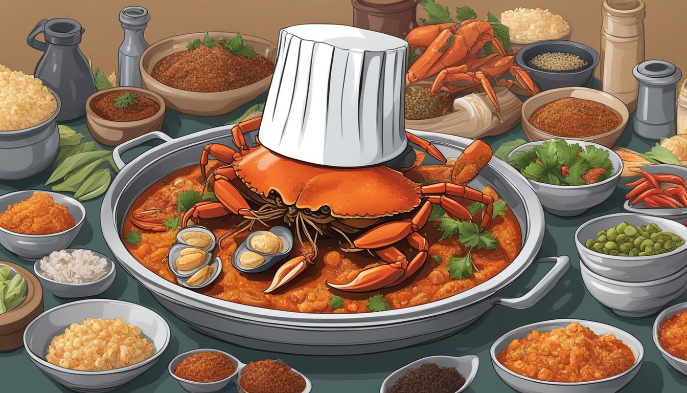 A chef expertly prepares Singapore's famous chili crab, surrounded by vibrant spices and fresh seafood