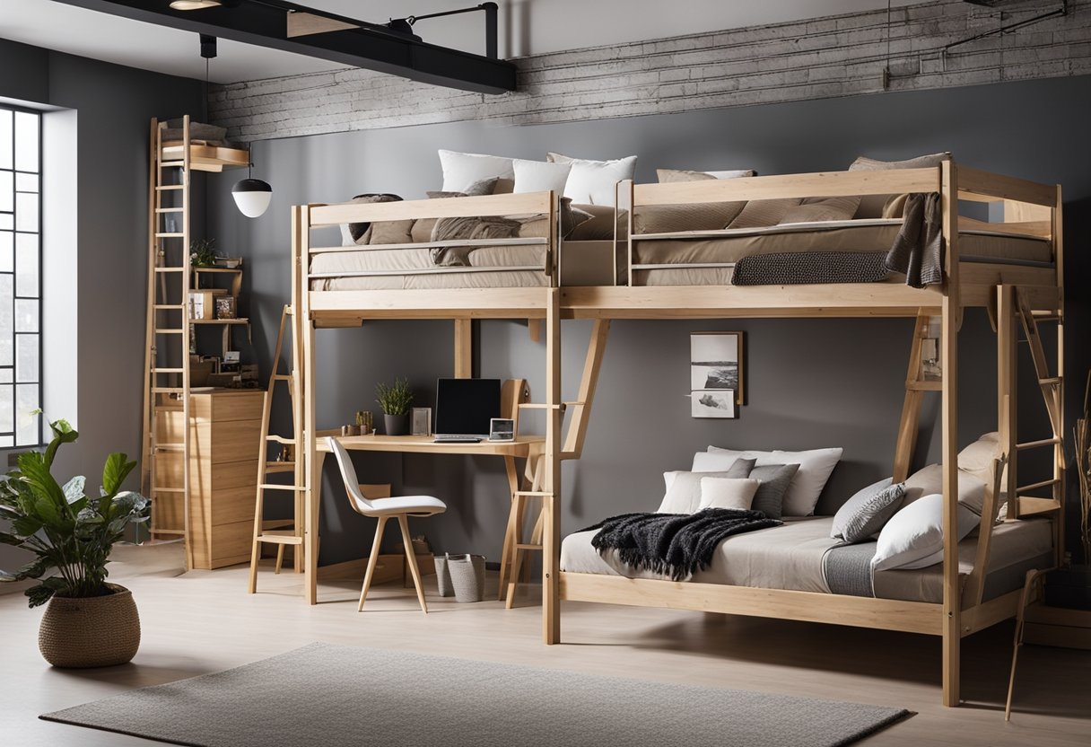 A variety of loft beds are displayed in a spacious showroom, showcasing different designs and features. The beds are arranged neatly, with accompanying furniture and decor to complement the overall aesthetic