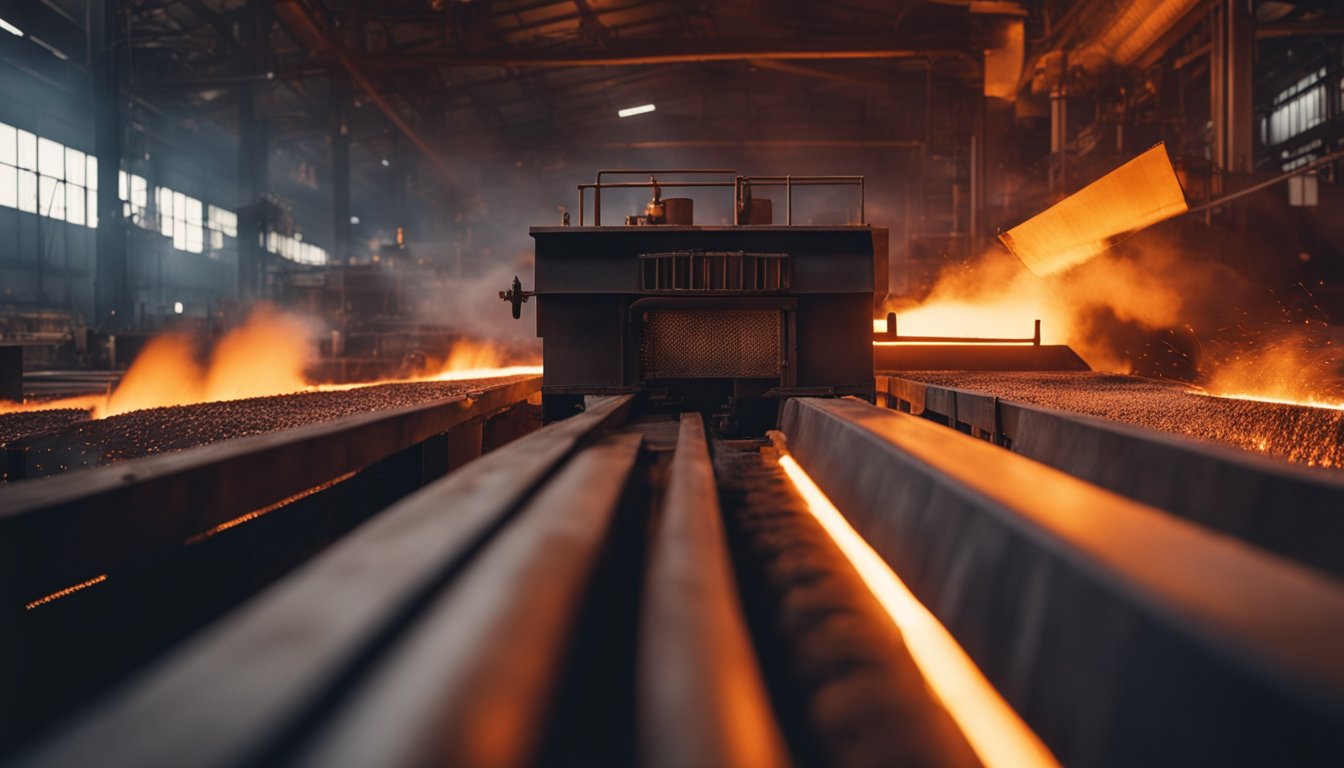 The red-hot flames roar inside the reheating furnace of the steel mill, casting a warm glow across the industrial setting