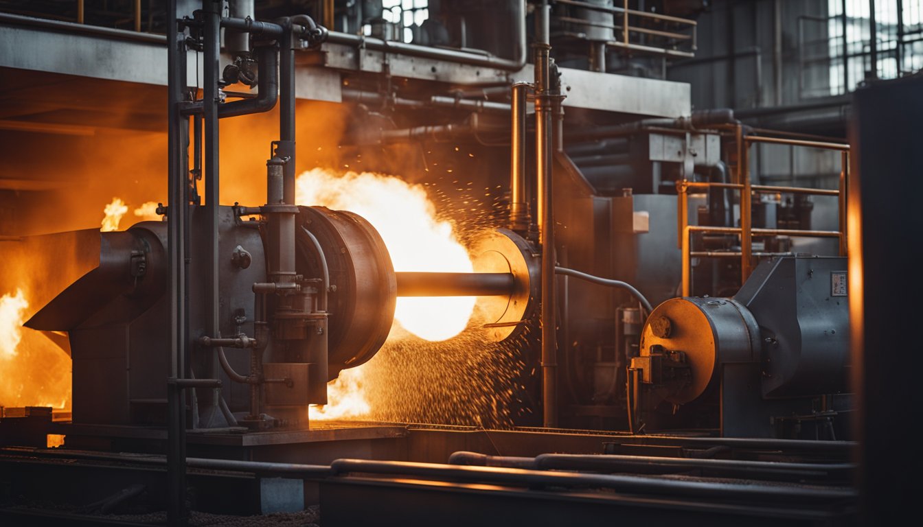 A glowing reheat furnace in a steel mill, with flames and heat radiating from the open door, surrounded by industrial machinery and equipment