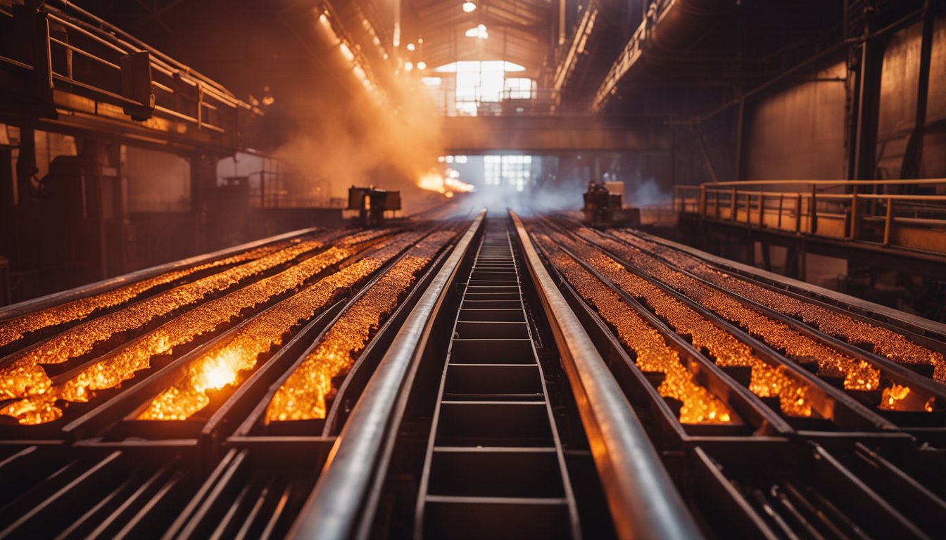 A reheat furnace in a steel mill, with glowing red-hot steel ingots being transported on conveyor belts through the furnace chamber