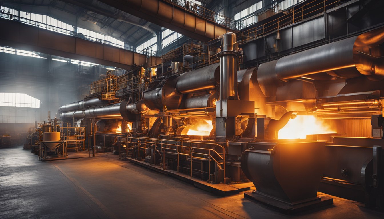 A steel mill reheat furnace with glowing hot metal and industrial machinery