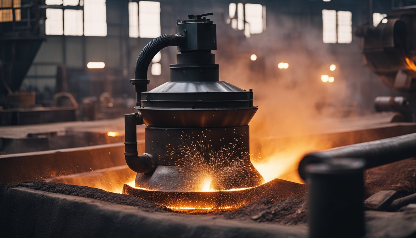 The reheat furnace roars as it heats steel in the steel mill. Safety equipment and maintenance tools are scattered around the area