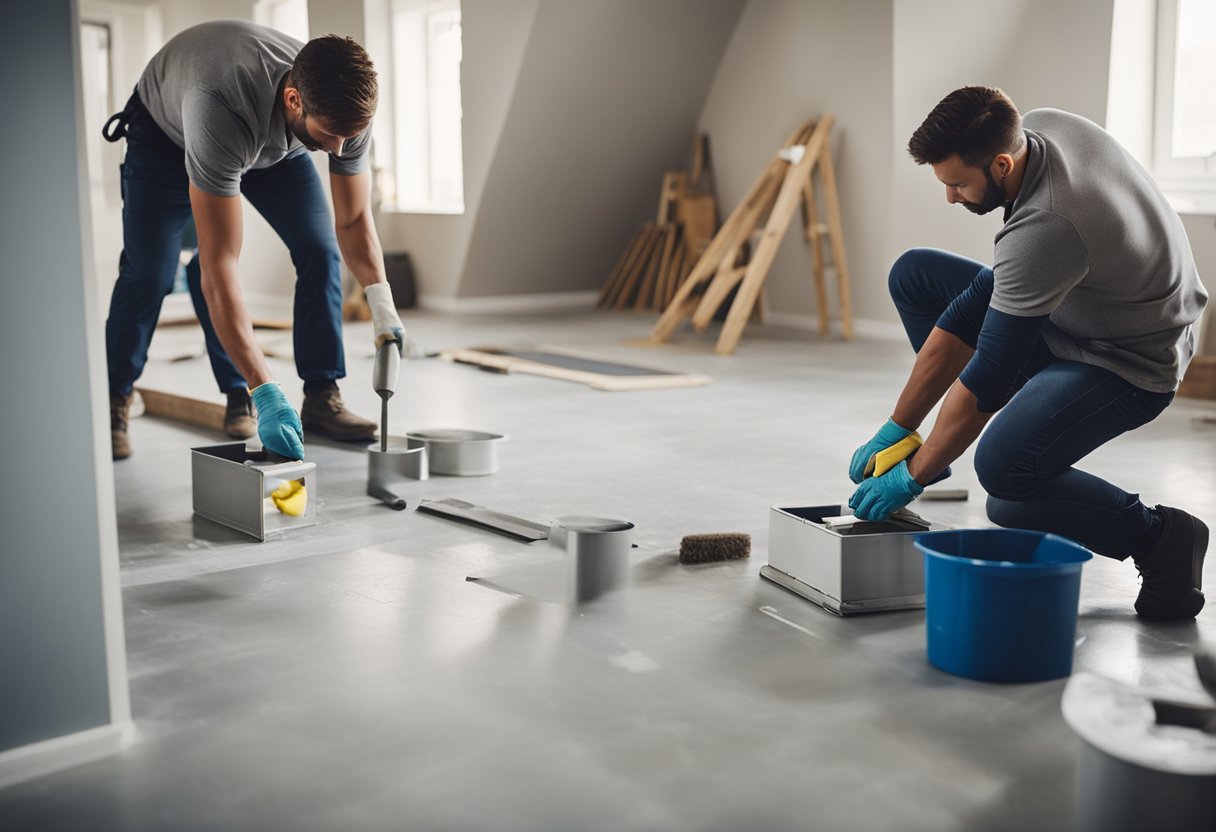 A group of skilled contractors work together, installing new flooring and painting walls in a modern home renovation project