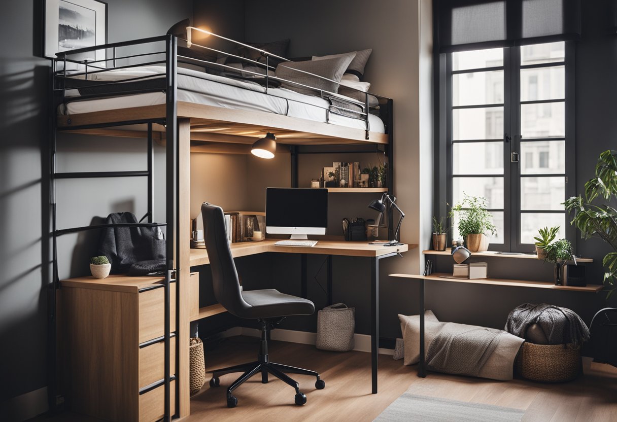 A loft bed with built-in storage and desk, maximizing space in a cozy bedroom