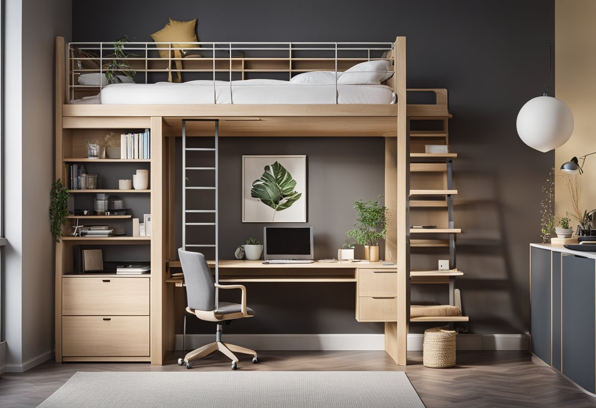 A loft bed with storage shelves, a ladder, and a sleek modern design. The room is bright with natural light, and the bed is neatly made