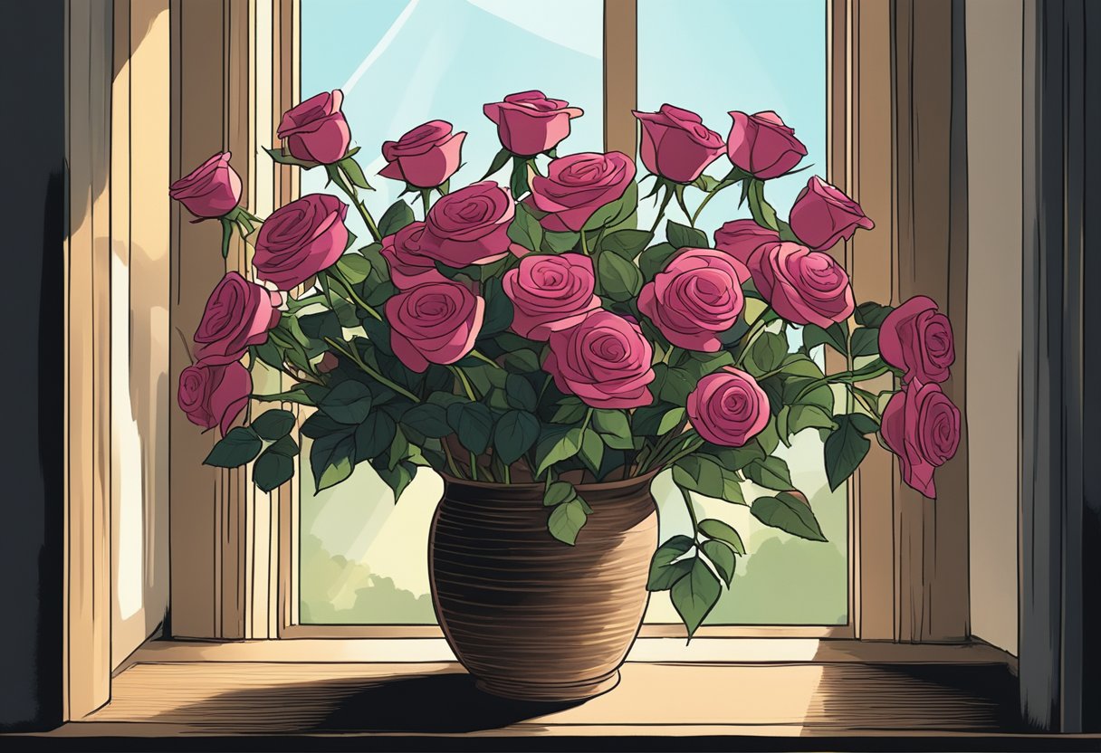A bouquet of vibrant roses arranged in a rustic vase, with soft sunlight streaming through a nearby window