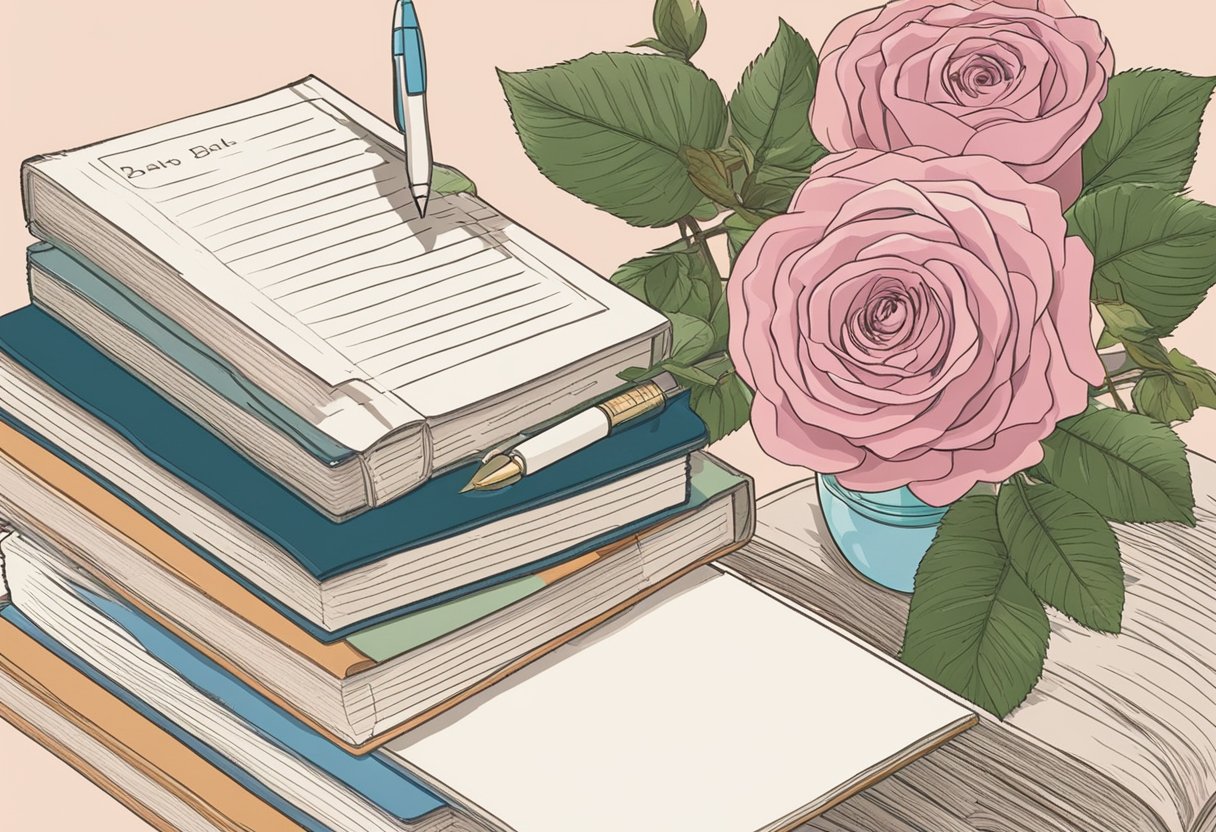 A table with a notebook, pen, and a stack of baby name books. A vase of roses sits nearby