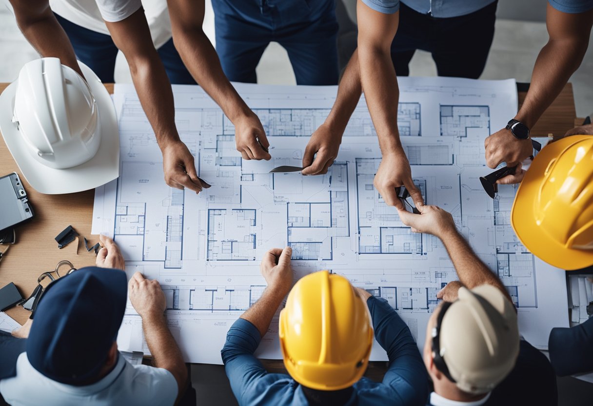 A team of contractors discusses home renovation plans, surrounded by blueprints, tools, and samples