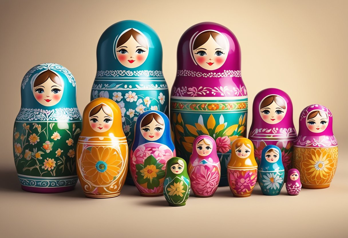 A group of colorful nesting dolls with traditional Russian names for girls arranged on a table