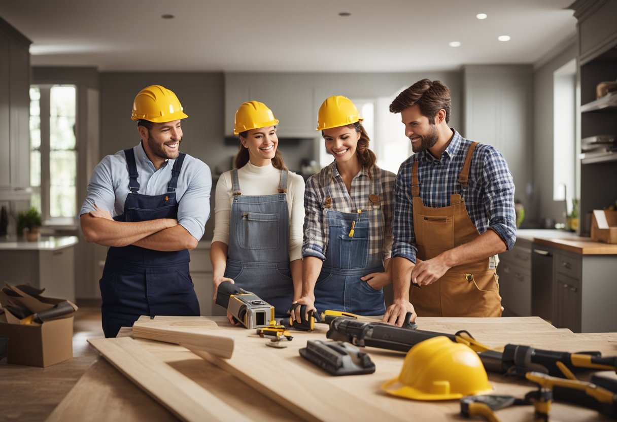 A group of contractors working on home renovations, surrounded by tools and materials, while answering frequently asked questions from clients