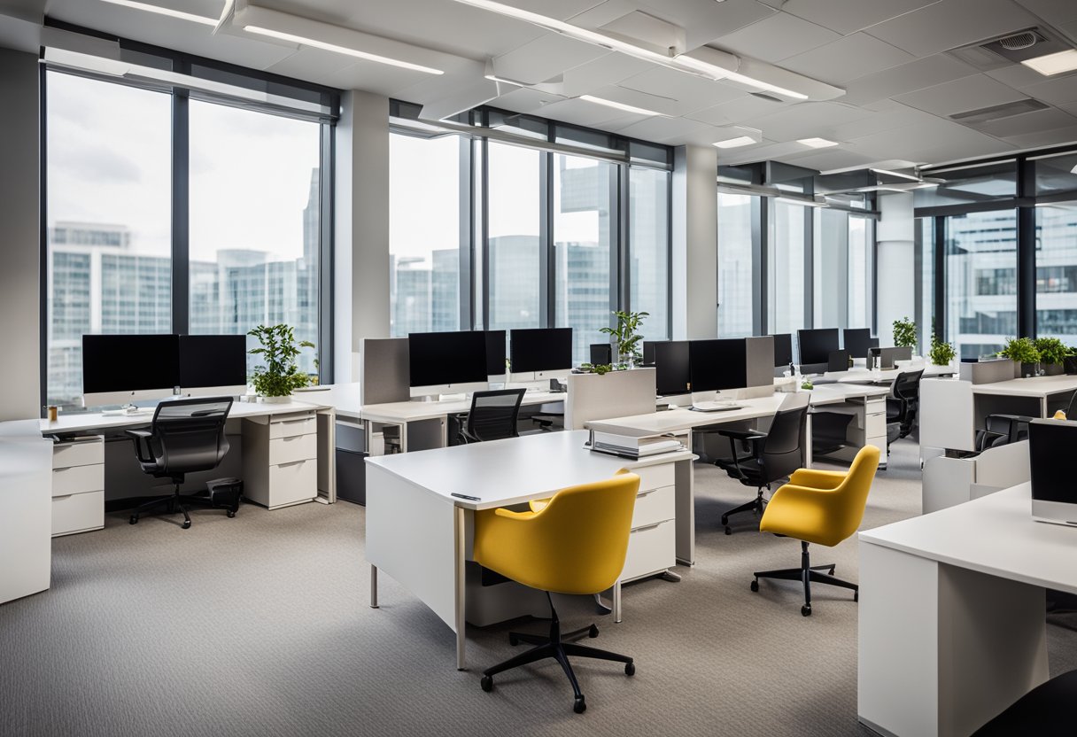 A modern office with sleek furniture, vibrant color accents, and ample natural light. Clean lines and open spaces create a welcoming and professional atmosphere