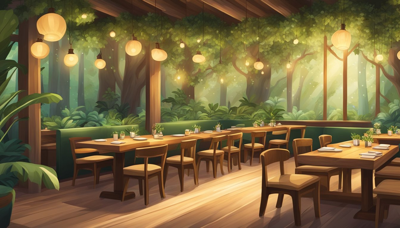 A cozy forest-themed restaurant with wooden tables, hanging plants, and warm lighting. A large mural of a lush forest covers one wall, creating a serene atmosphere