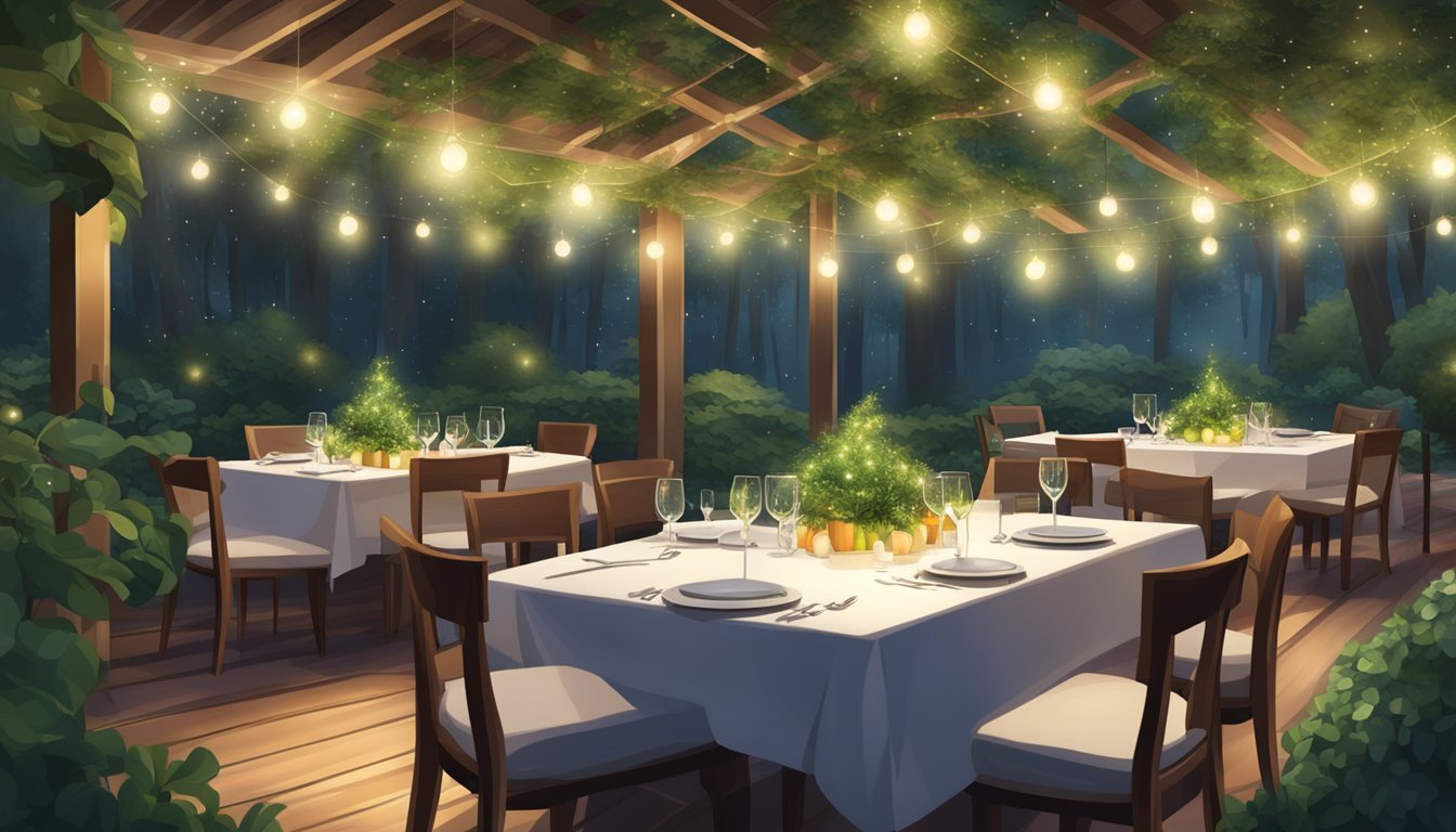 Lush greenery surrounds a wooden table set with elegant dinnerware, under a canopy of twinkling lights at Foresta restaurant